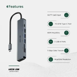 Hub USB-C 7 em 1 com HDMI 4K 5gbps Green Lion - Cinza - Image 3