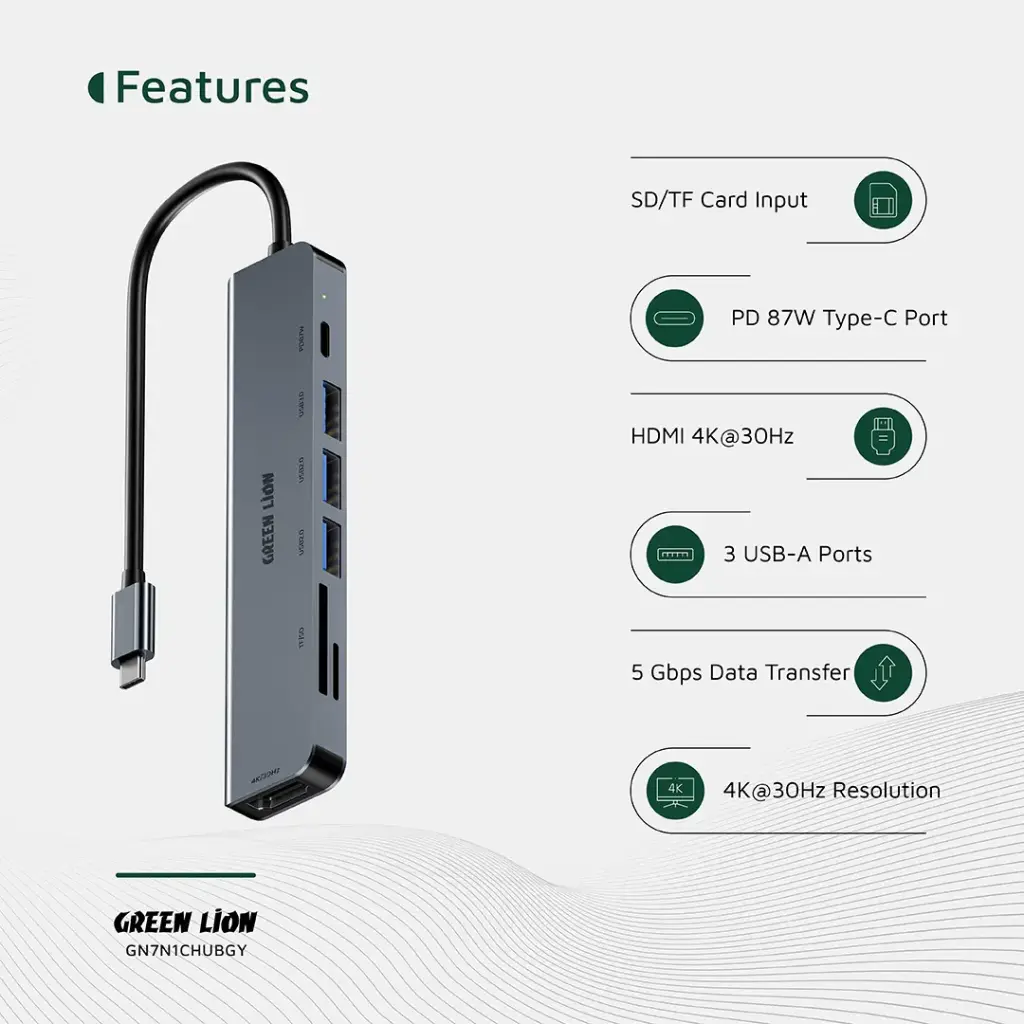 Hub USB-C 7 em 1 com HDMI 4K 5gbps Green Lion - Cinza - Image 3