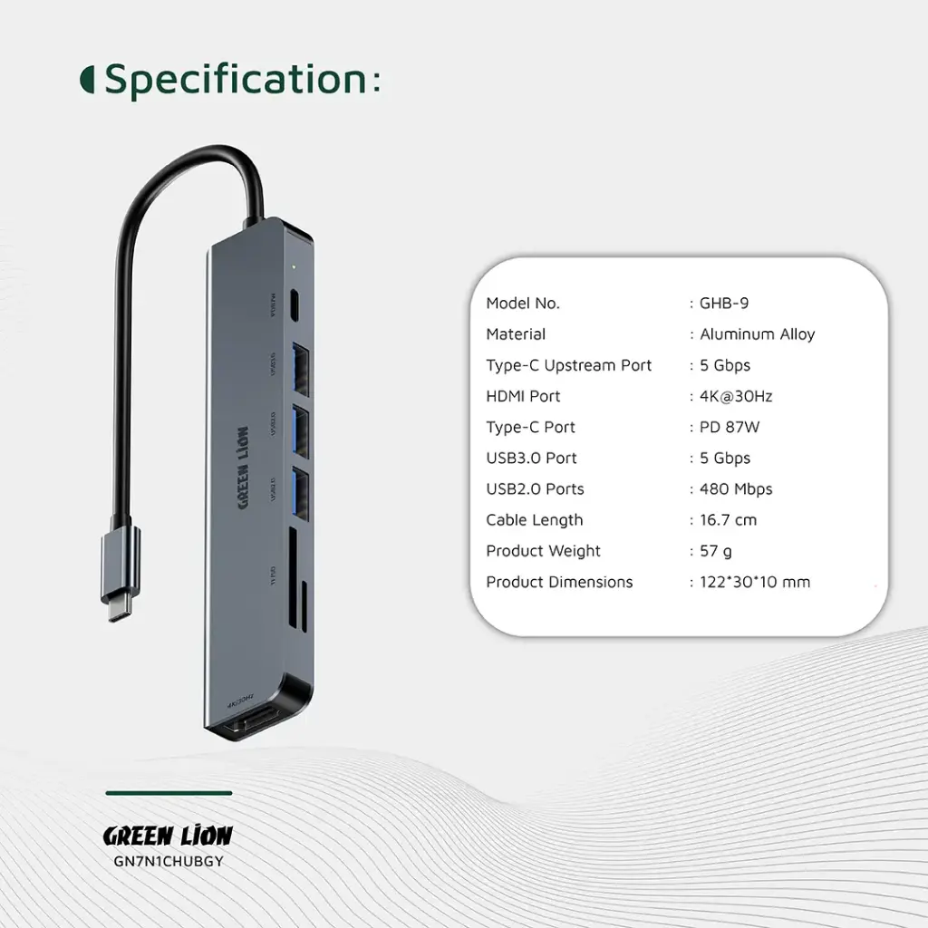 Hub USB-C 7 em 1 com HDMI 4K 5gbps Green Lion - Cinza - Image 2