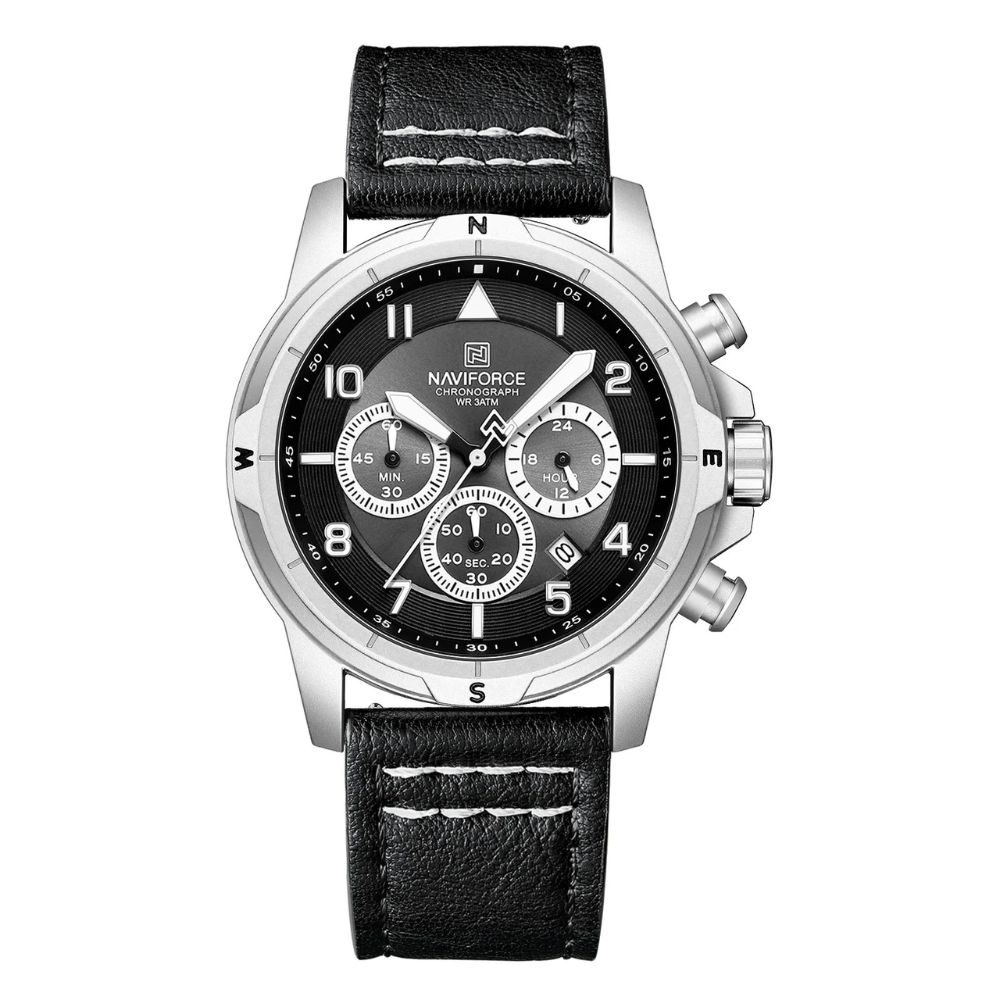 Relógio Masculino NAVIFORCE Novo com Múltiplos Mostradores, Cronógrafo, Relógio de 24 Horas, Pulseira de Couro, Relógio de Luxo Moderno para Homens NF8077