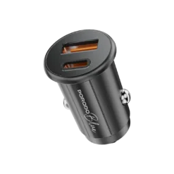 Carregador veicular Porodo Blue Dual Port 30W com cabo USB-C para USB-C - Preto