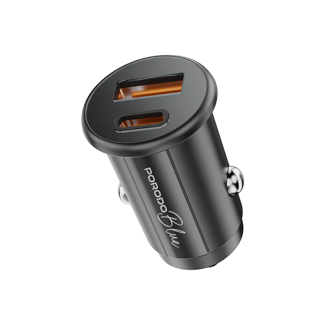 Carregador veicular Porodo Blue Dual Port 30W com cabo USB-C para USB-C - Preto