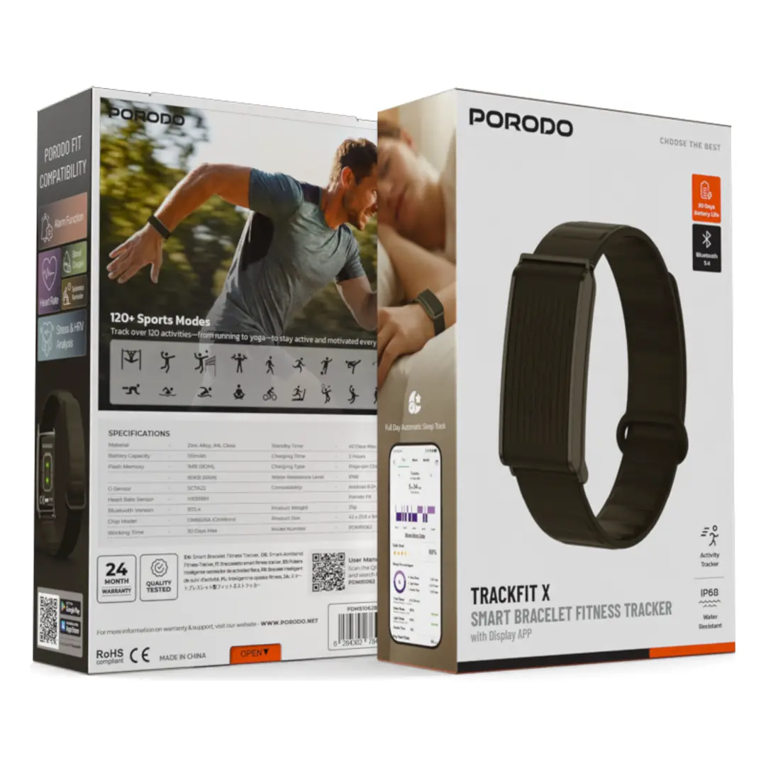 Pulseira inteligente Porodo Trackfit X com rastreador de atividades físicas e aplicativo de exibição. - Image 3
