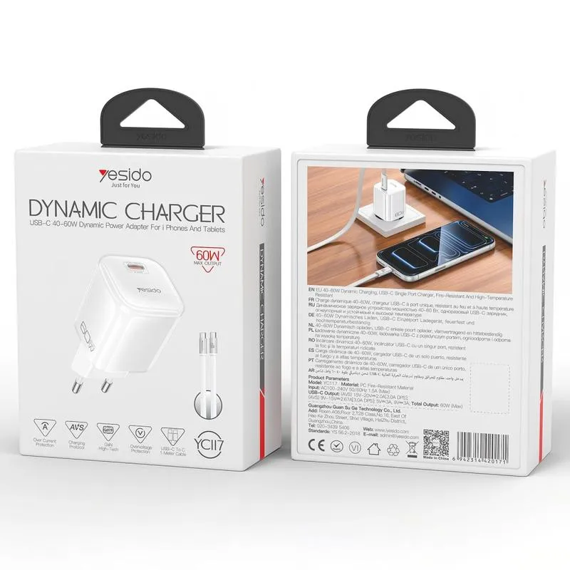 Carregador USB C Gan YC117 de 60W com cabo USB C Yesido - Branco - Image 3