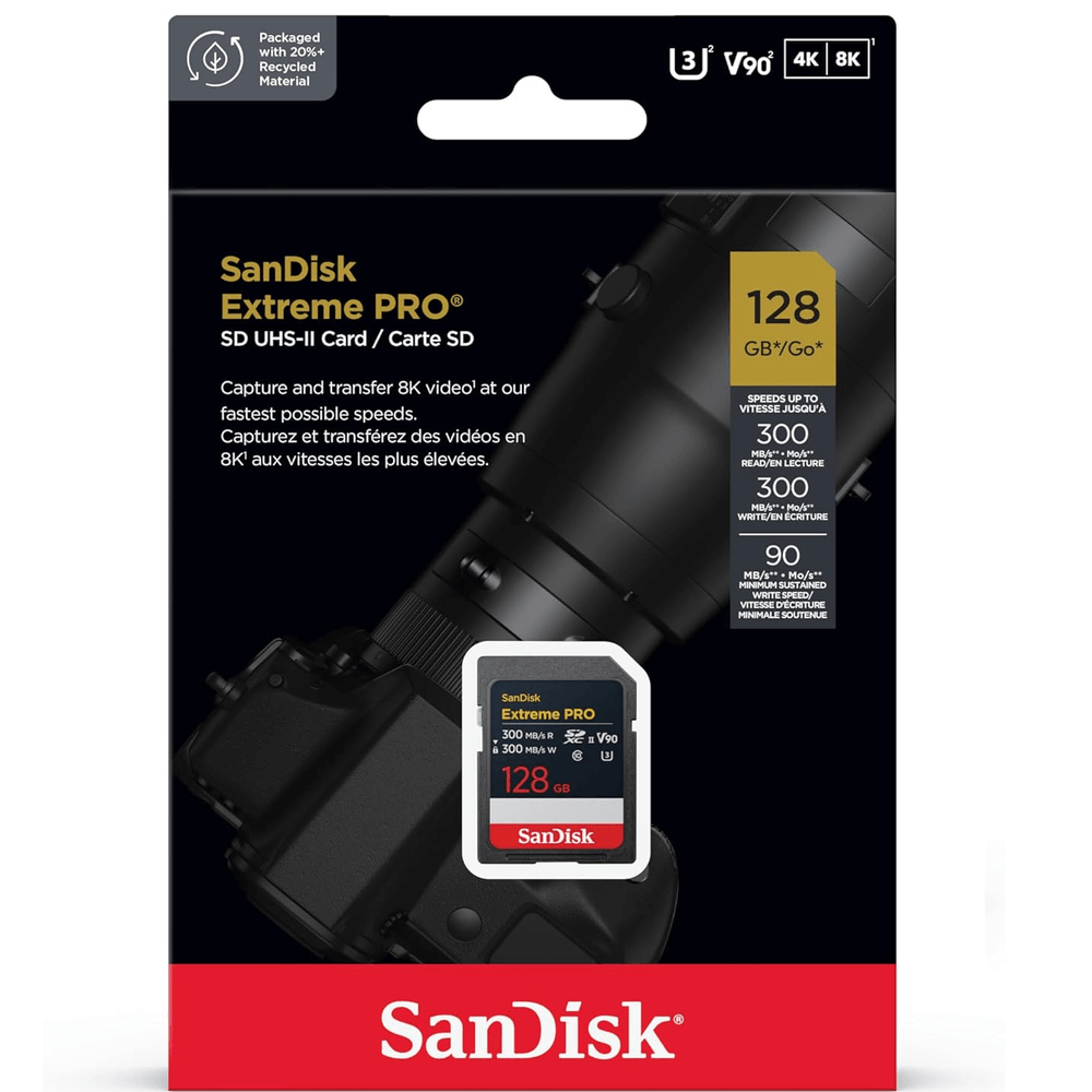 Cartão de Memória SDXC SANDISK Extreme PRO 128GB (300MB/s) UHS-II, U3, V90