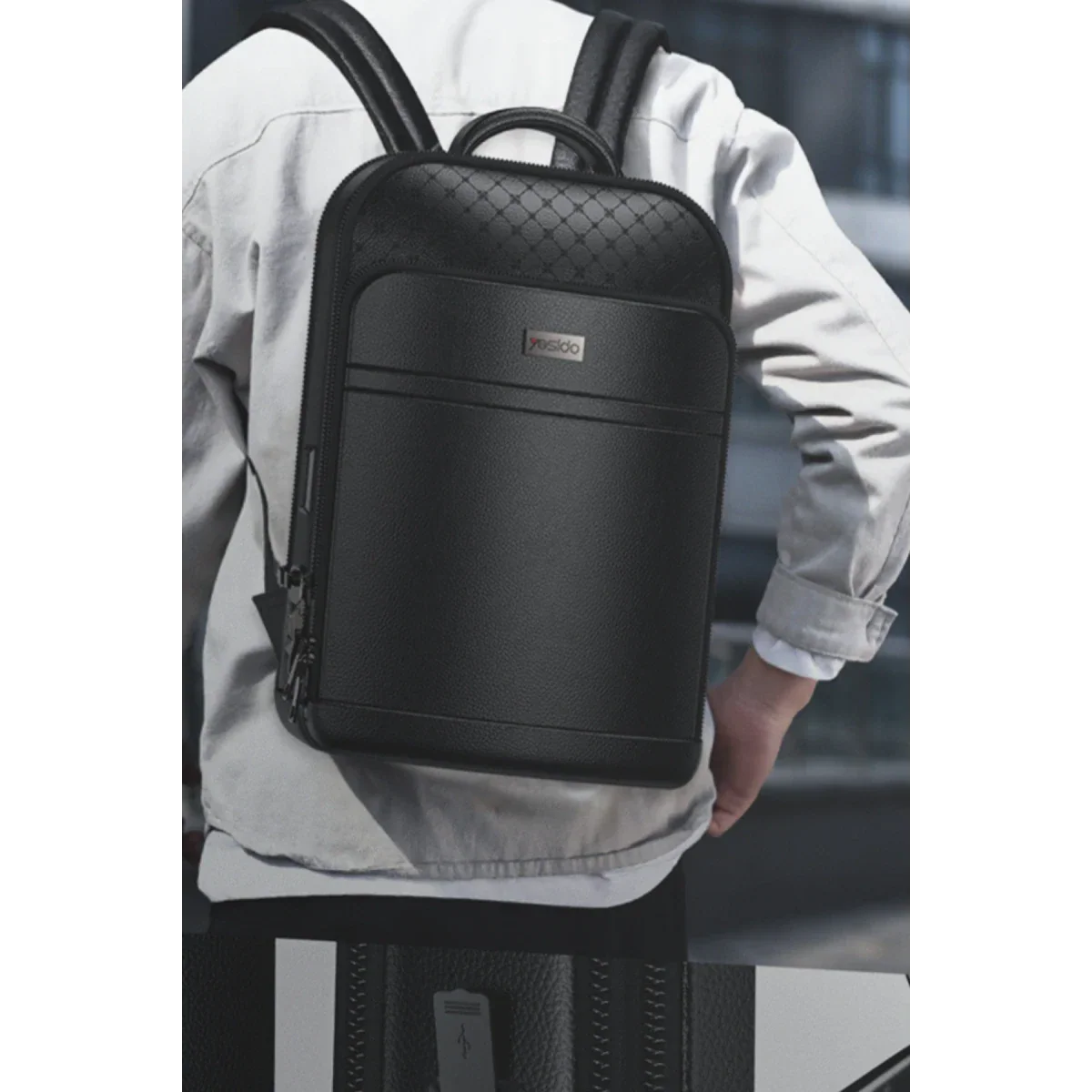 Mochila inteligente em couro com trava de segurança por impressão digital Yesido - Preta - Image 2