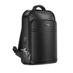 Mochila inteligente de couro com trava de impressão digital e portas de carregamento.