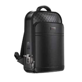 Mochila inteligente de couro com trava de impressão digital e portas de carregamento.