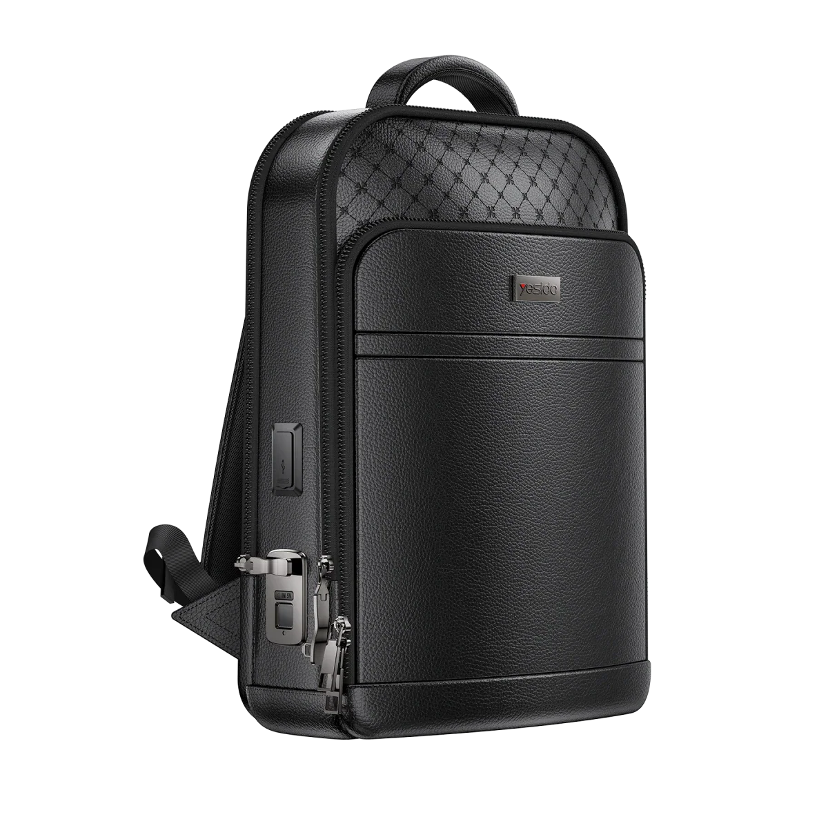 Mochila inteligente de couro com trava de impressão digital e portas de carregamento.