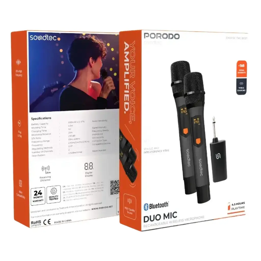Microfone sem fio recarregável Porodo Soundtec Duo Mic em alumínio - Preto - Image 3