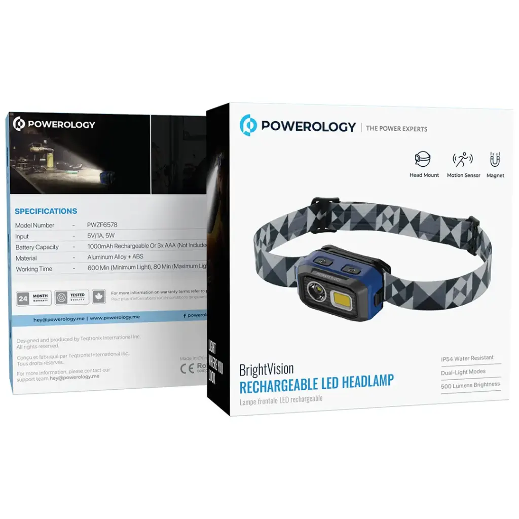 Lanterna de cabeça LED recarregável Powerology BrightVision - Preta - Image 4