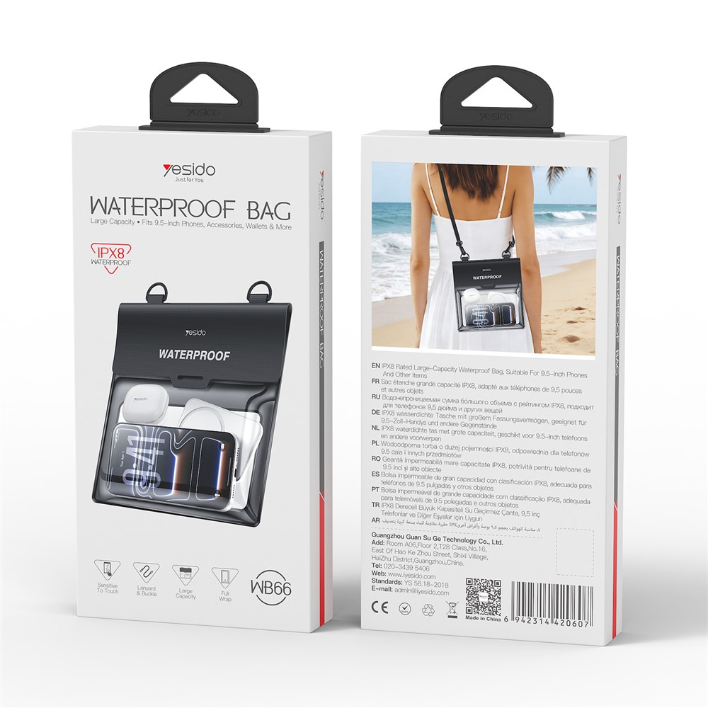Bolsa transversal grande à prova d'água YESIDO WB66 IPX8 10m com cordão - Preta - Imagem 6