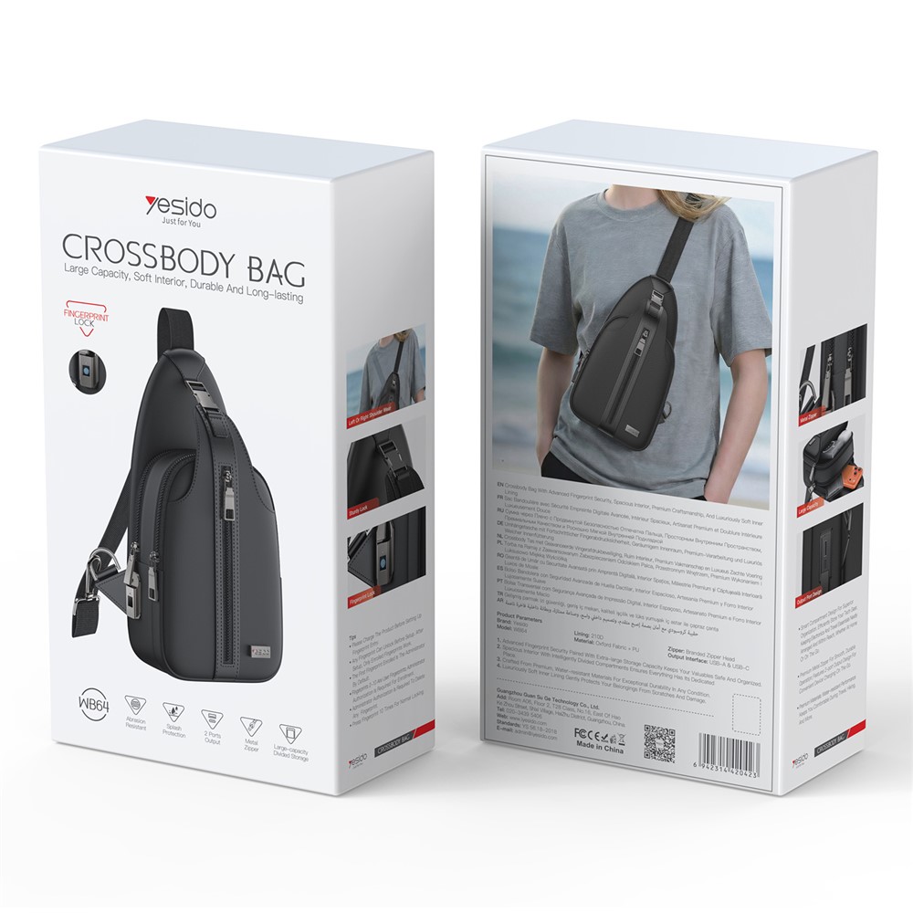 Bolsa transversal com fecho de impressão digital, em tecido Oxford, com grande capacidade de carga, ideal para trabalho e viagens - Preta - Image 7