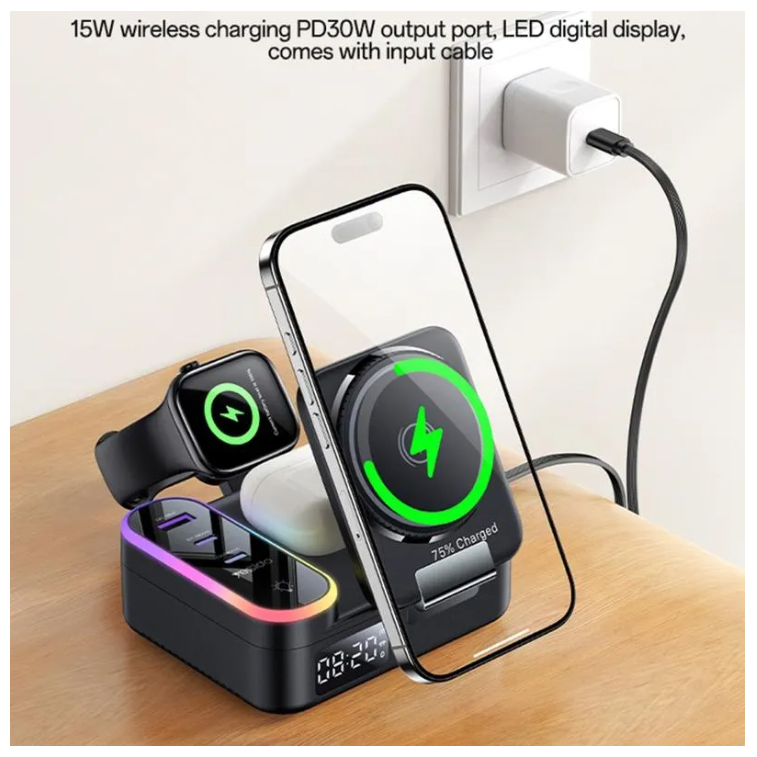 Estação de carregamento sem fio magnética 8 em 1 com relógio digital (65W) - Imagem 4