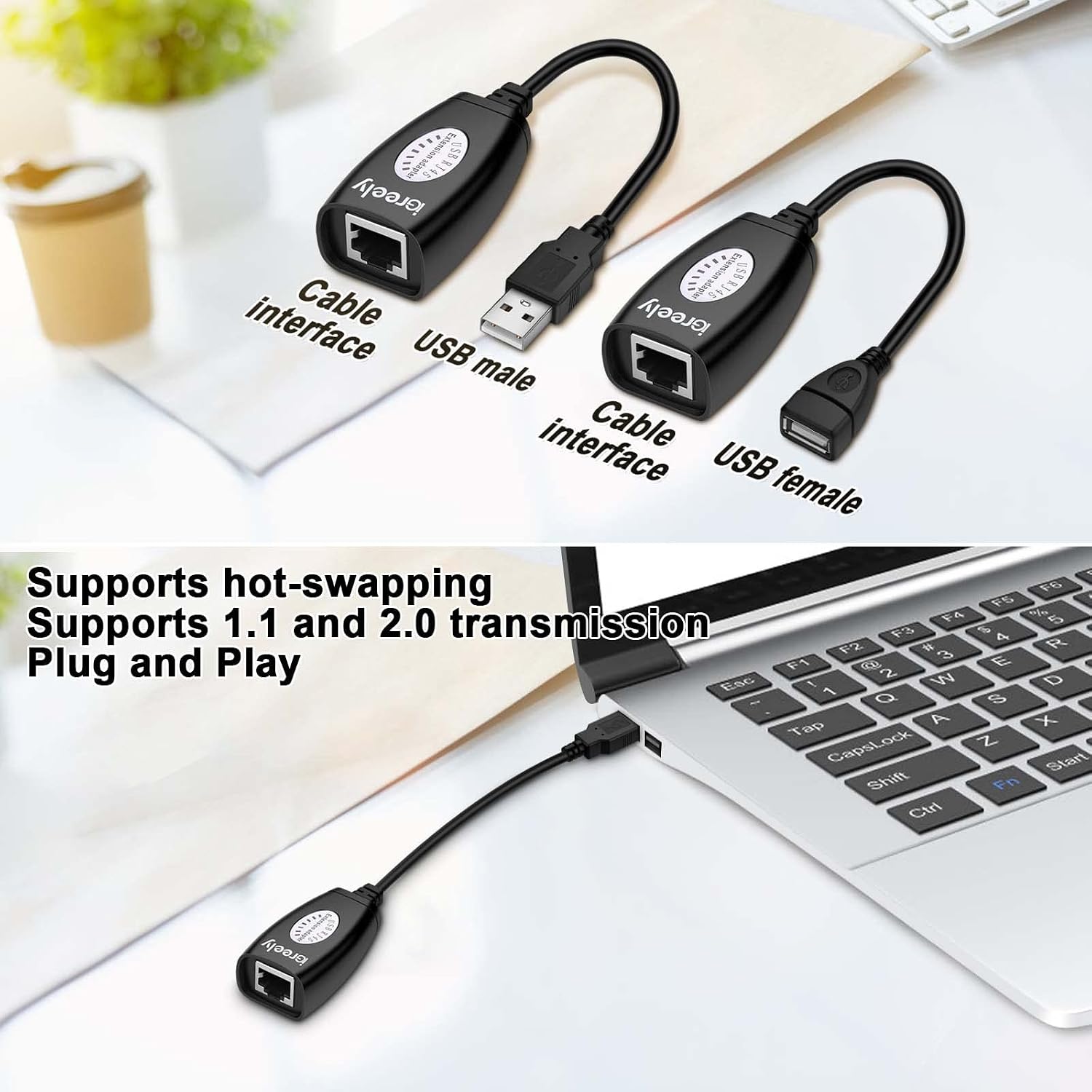 Cabo Extensor USB A Macho para USB A Fémea 2.0 com porta RJ45 para extensão LAN Adapter Over Cat5/Cat5e /Cat6 - Imagem 5
