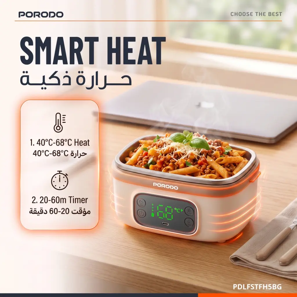 Lancheira elétrica Porodo Lifestyle HealthMate de 650ml com função de aquecimento e visor digital – Bege