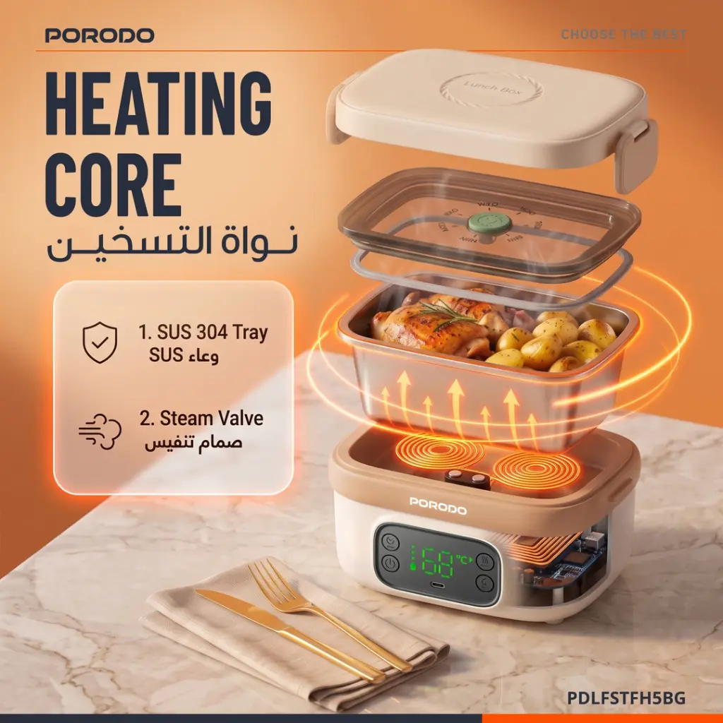 Lancheira elétrica Porodo Lifestyle HealthMate de 650ml com função de aquecimento e visor digital – Bege
