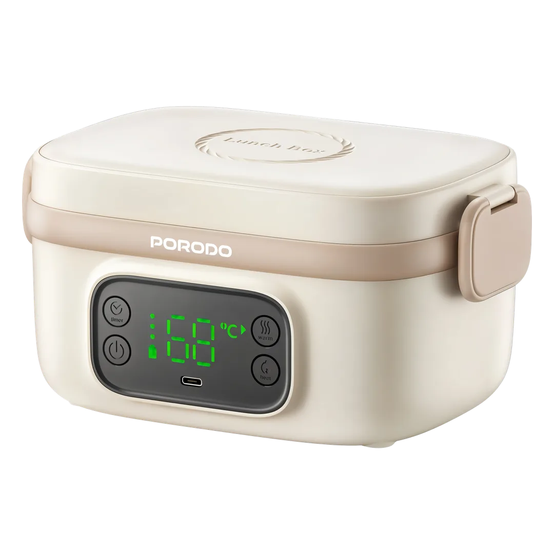 Lancheira elétrica Porodo Lifestyle HealthMate de 650ml com função de aquecimento e visor digital – Bege