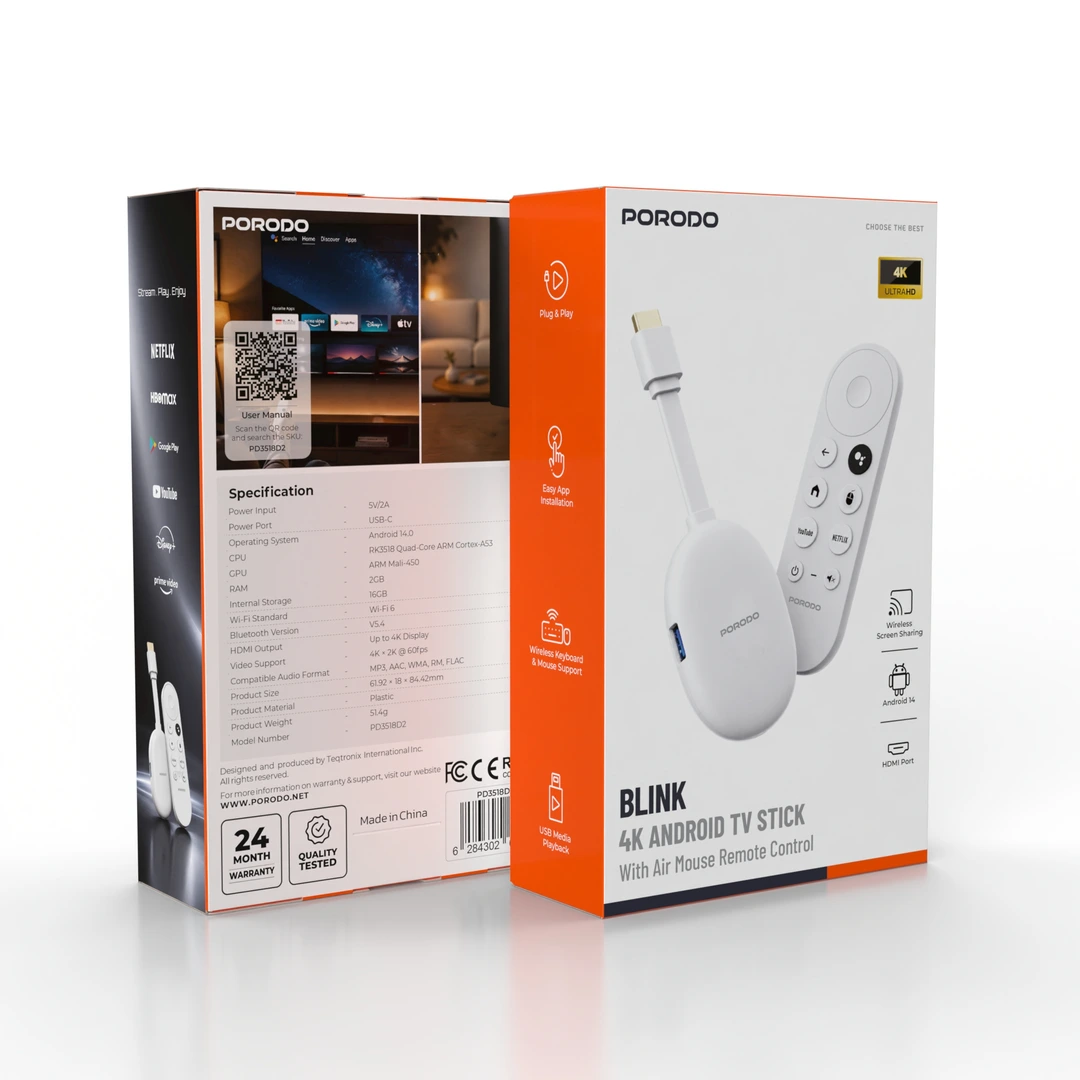 Android TV Stick Porodo Blink 4K com controle remoto Air Mouse - Branco - Imagem 2