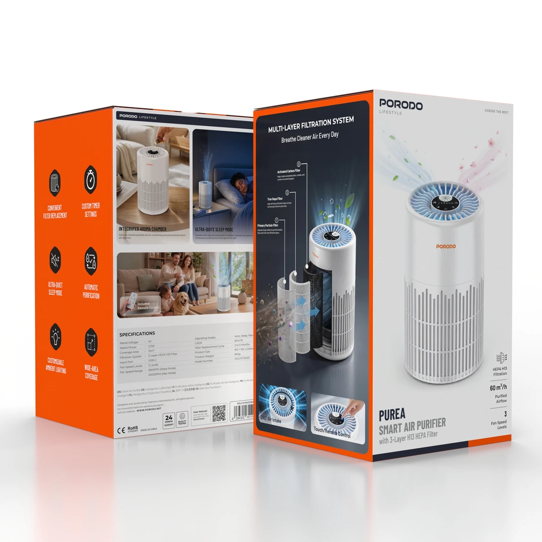 Purificador de ar inteligente Porodo Lifestyle Purea com filtro HEPA H13 de 3 camadas - Branco