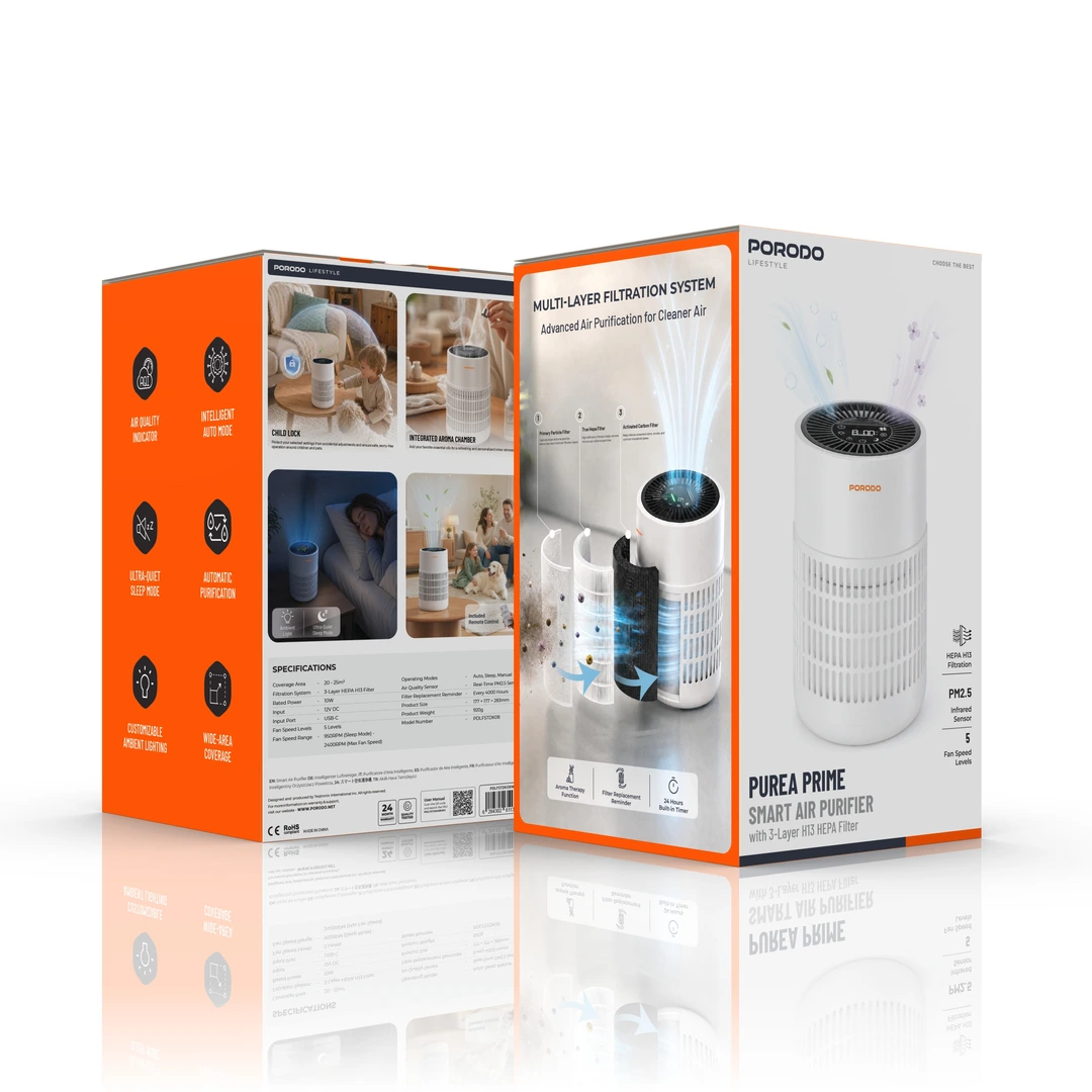 Purificador de ar inteligente Porodo Lifestyle Purea Prime com filtro HEPA H13 de 3 camadas - Branco - Image 3
