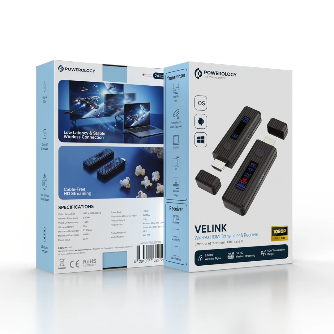 Transmissor e receptor HDMI sem fio Powerology VELINK - Preto angola